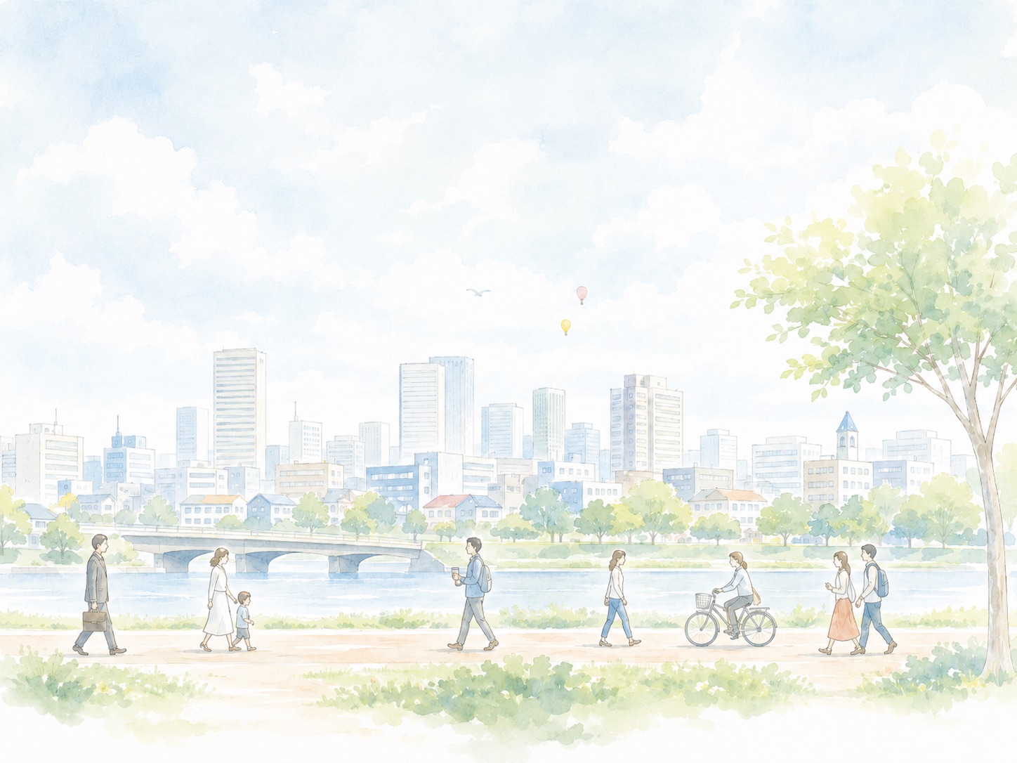 川沿いの遊歩道を家族連れや自転車の人が行き交う、水彩で描かれた街並みのイラスト